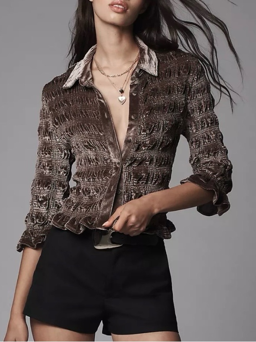 Maeve Anthropologie Shirred Velvet Buttondown Tee XS NWT